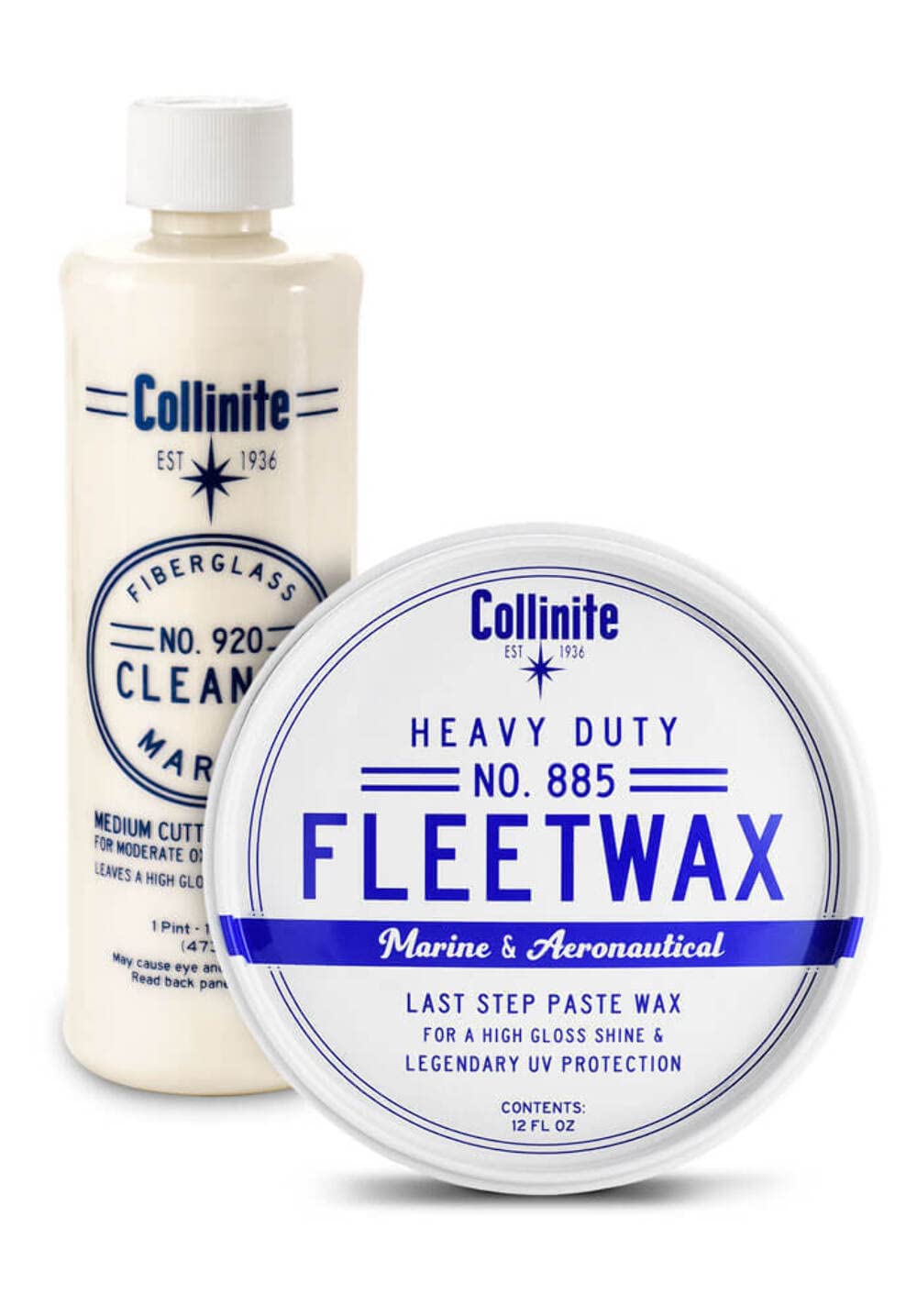 Collinite 920 Fiberglass Cleaner and 885 Paste Wax Combo Water Spot & Oxidation Remover Preps Surface Fast for Wax Protection.