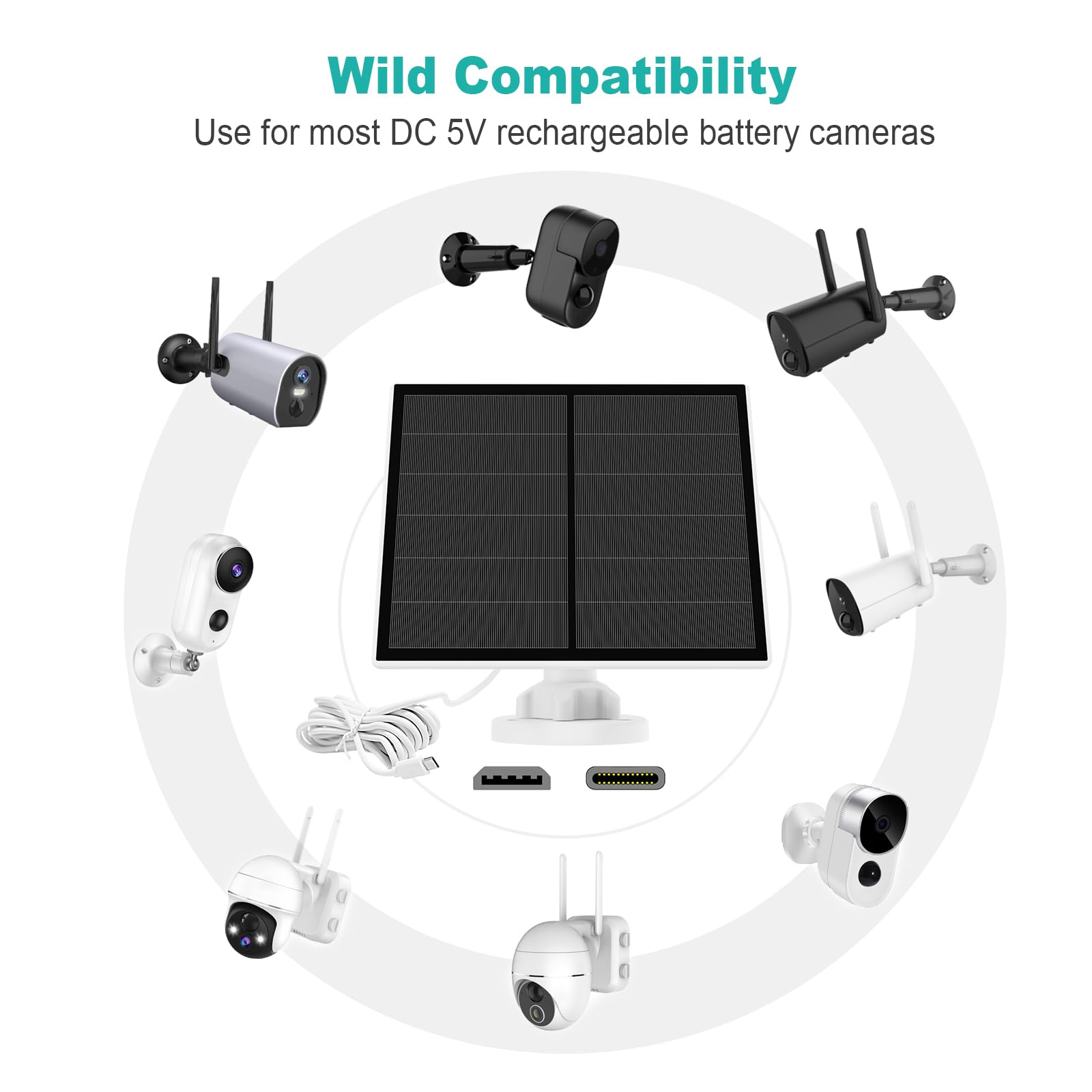5W Solar Panel For Security Camera, Usb Solar Panel For Dc 5V Outdoor Rechargeable Battery Camera, Solar Panels With Micro Usb And Usb-C Port, Adjustable Security Mount, Ip65 Waterproof, 9.8Ft Cable