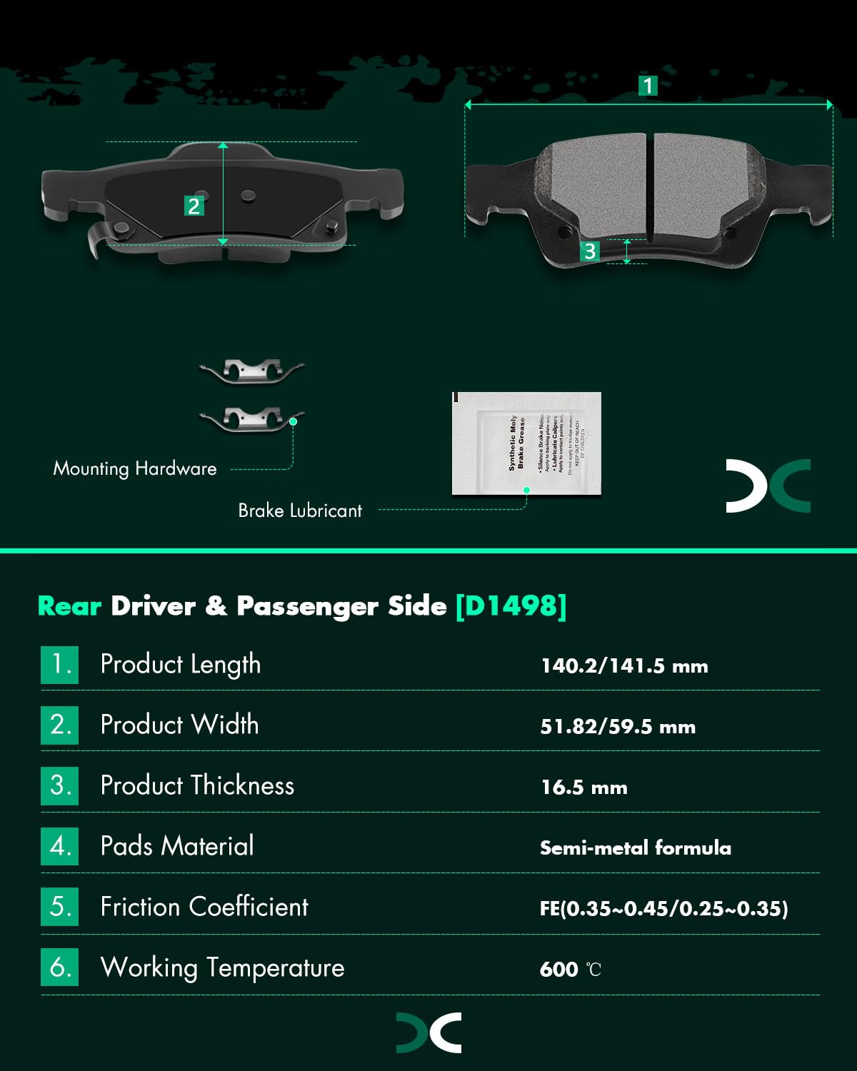 Scitoo D1498 Rear Semi-Metal Brake Pads Sets Fit For Dodge For Durango 2011-2018,For Jeep Grand Cherokee 2011-2019