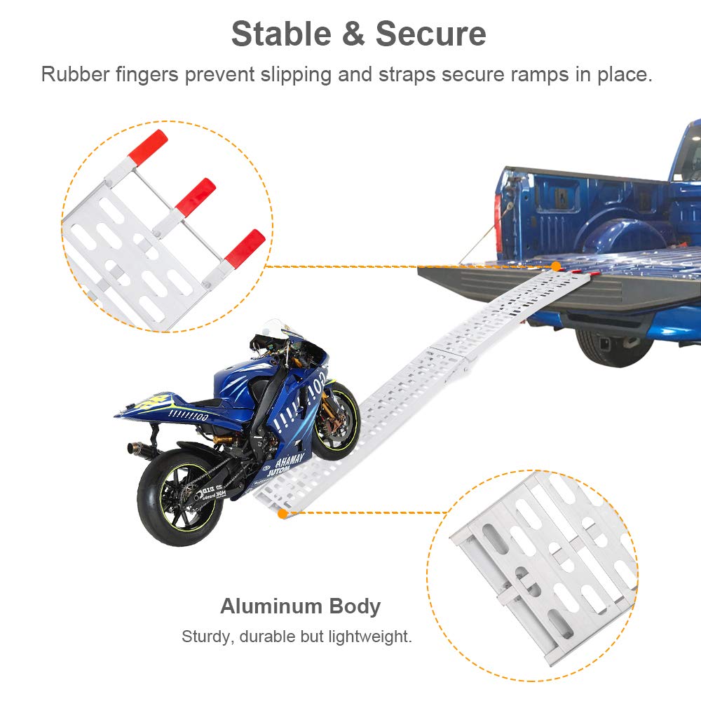 Tuffiom 7Ft Aluminum Truck Ramps 750Lbs Capacity,Folding Loading Atv Ramps For Pickup Trucks Bed, Trailer Ramp With Load Straps