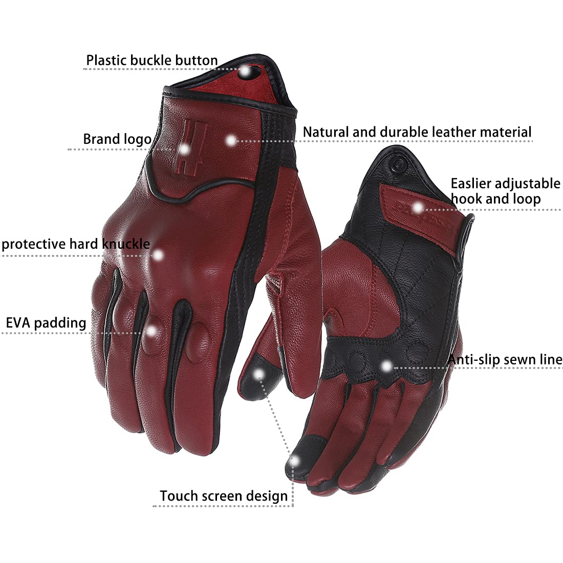 Harssidanzar Motorcycle Gloves For Men,Leather Touch Screen Riding Driving Gloves Gm028Us,Oxblood/Black,Sizem