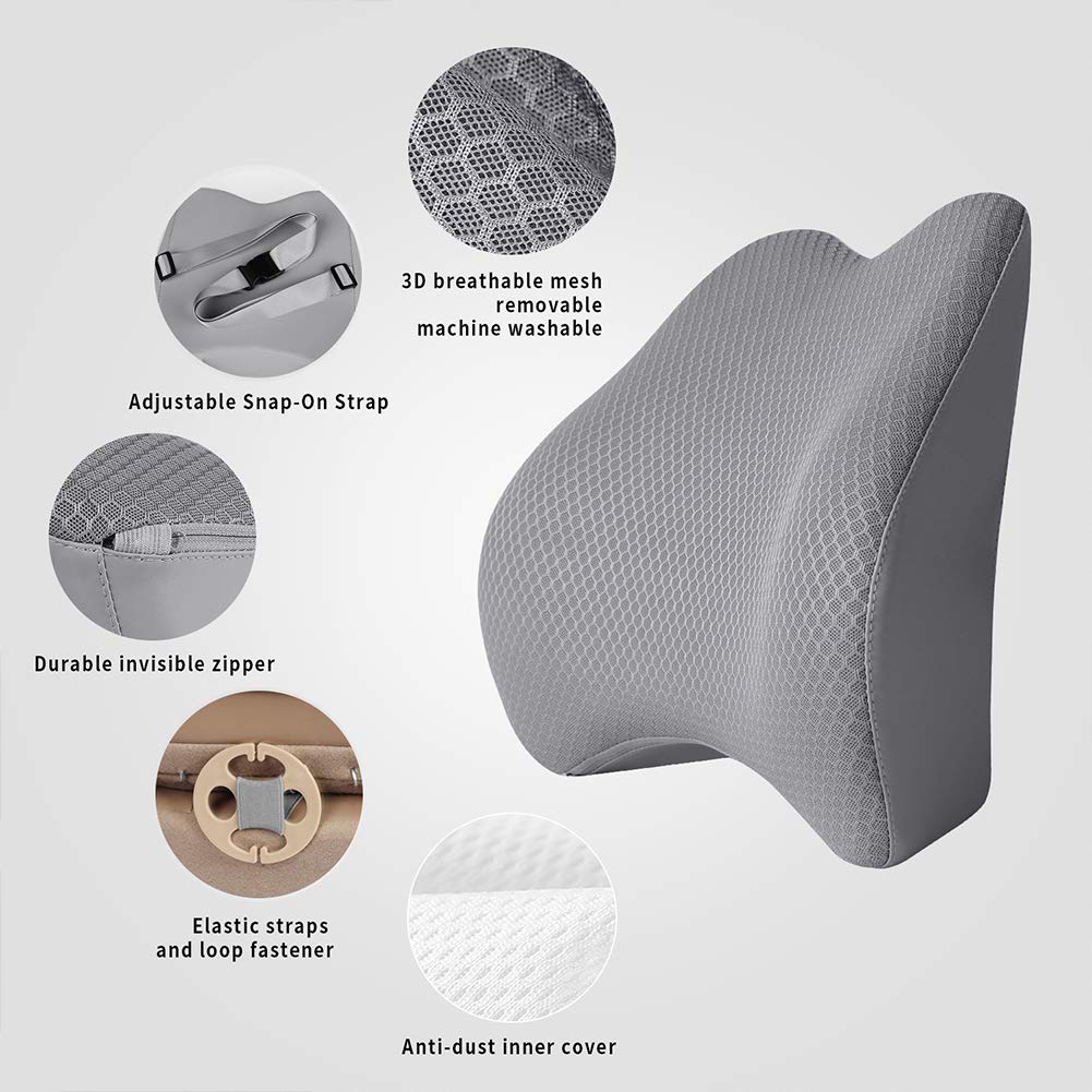 Tishijie Memory Foam Lumbar Support Pillow For Car - Back Support For Car Seat (Gray)