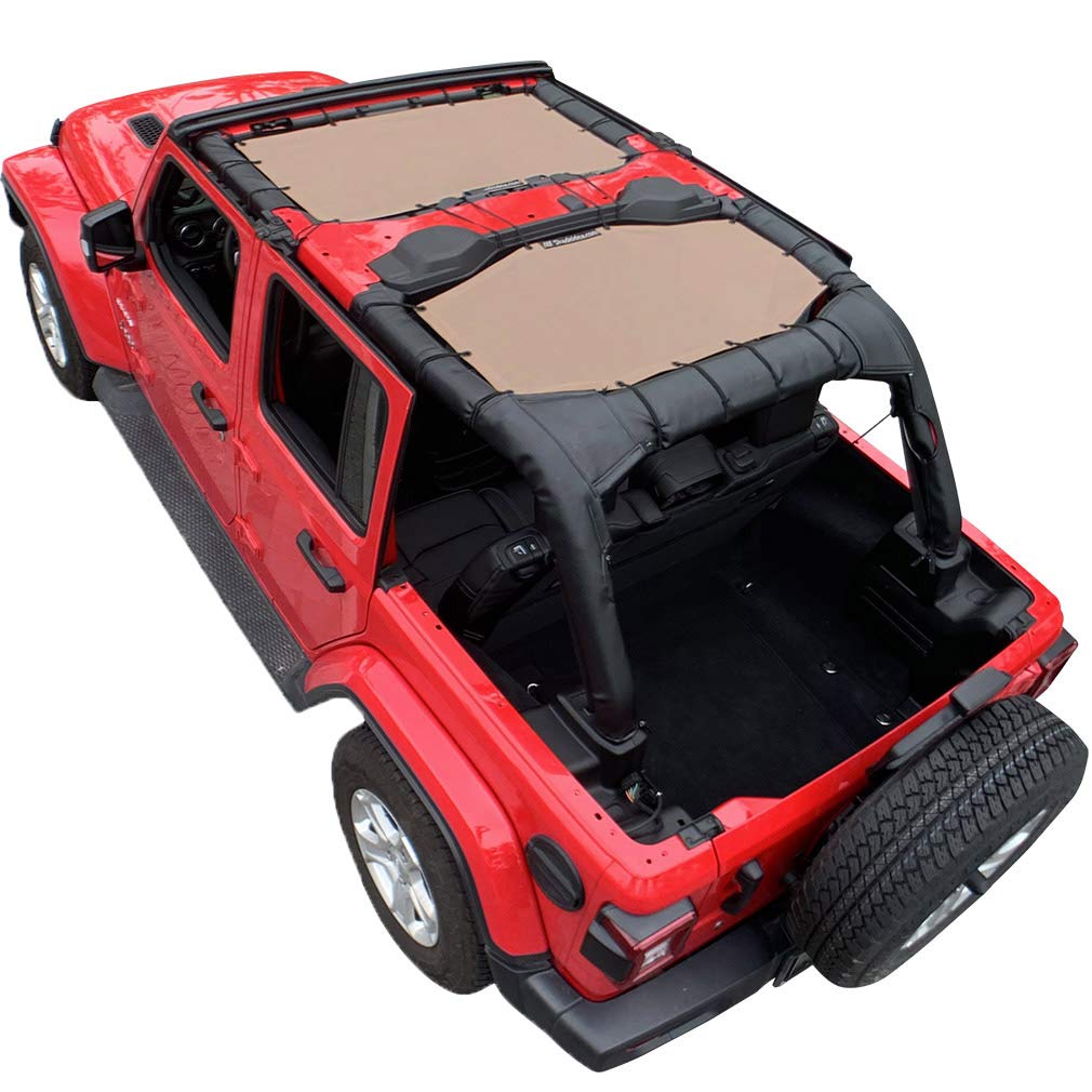 Shadeidea Sun Shade Top For Jeep Wrangler Sunshade Jl Unlimited (2018-2023) 4 Door Front And Rear 2 Piece -Tan Mesh Screen Sunsh