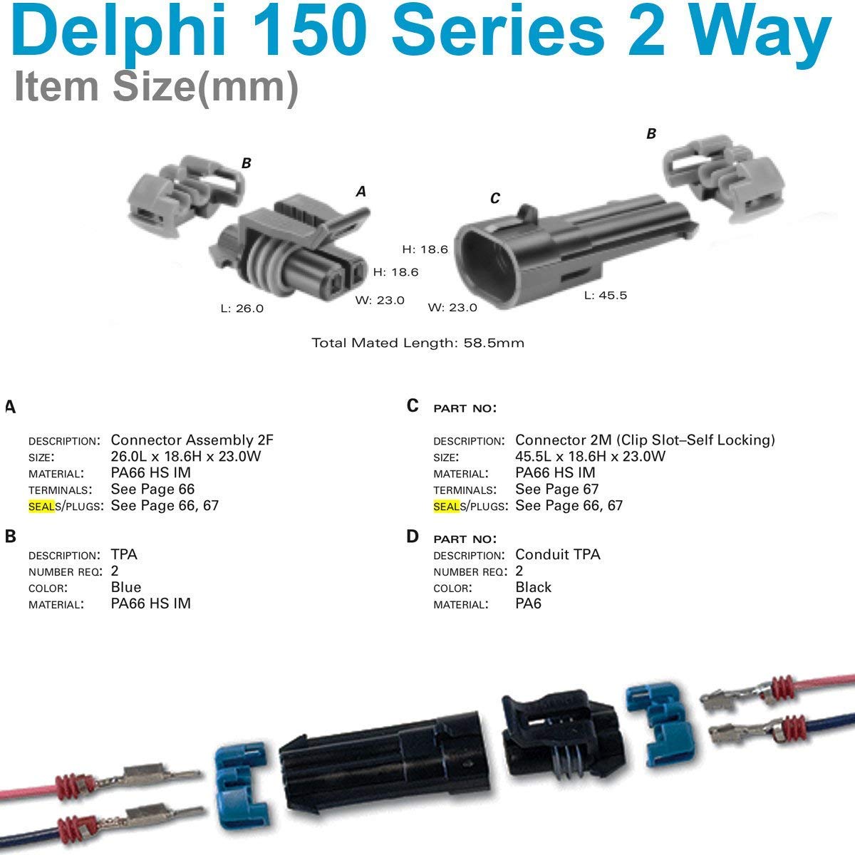 (3 Set) Aptiv Metri-Pack 150 Series 2-Way Connector W/16-18-20-22 Awg Sealed Waterproof (16-18 Ga)