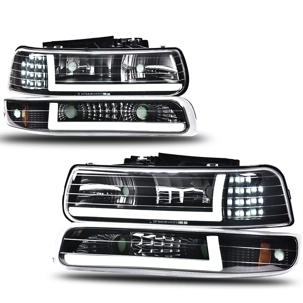 Pit66 Led Drl Headlight Assembly Compatible With Chevy Silverado 1500 2500 1999-2002/ Fit Silverado 1500Hd 2500Hd 3500 01-02/ Fi