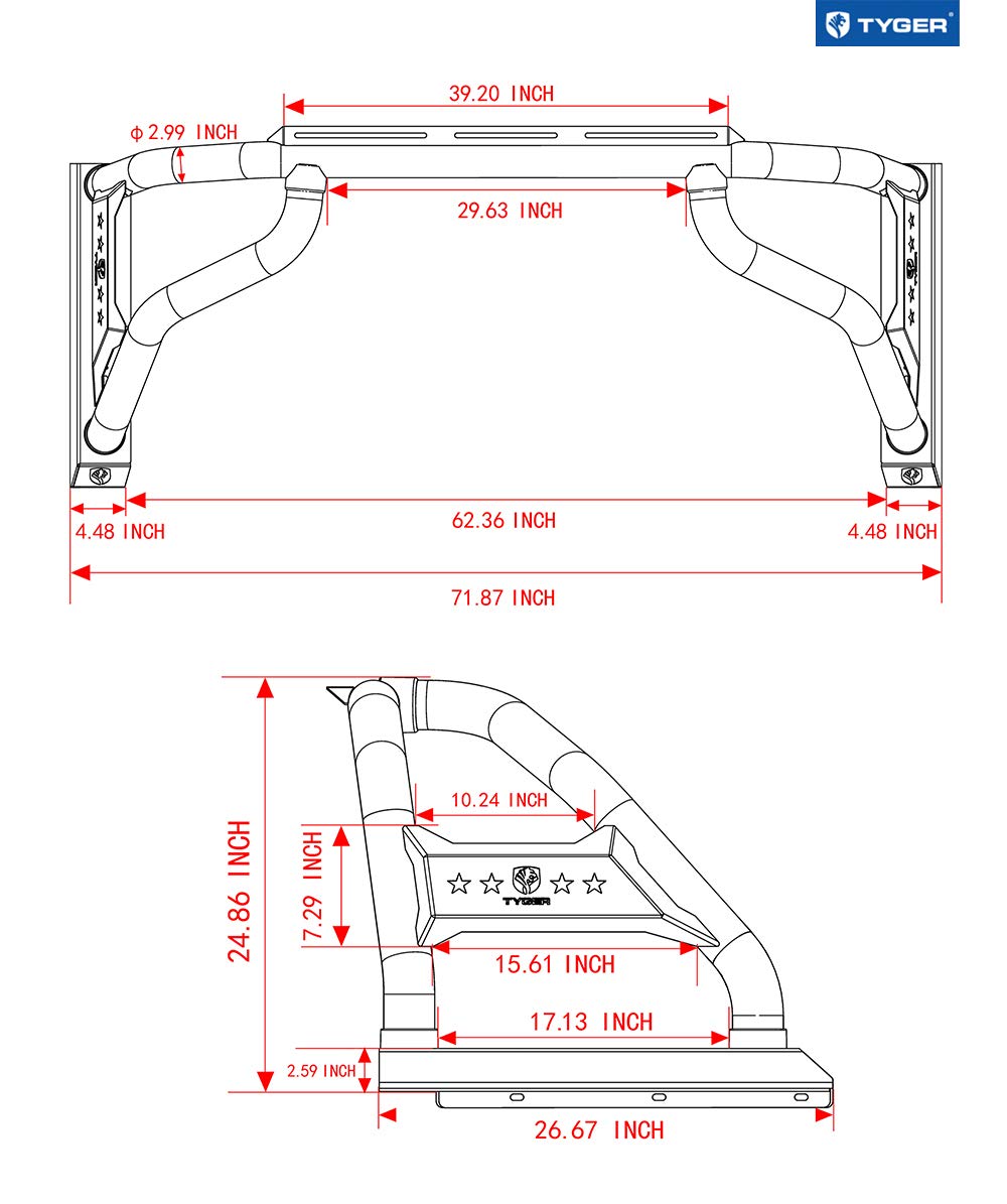 Tyger Auto Sport Bar Compatible With 2002-2018 Dodge Ram 1500; 2002-2023 2500 3500; 2019-2024 Classic | Fleetside 6.5/8' Bed | Tg-Sb7D88258 | Textured Black | Light Mount | Roll Bar