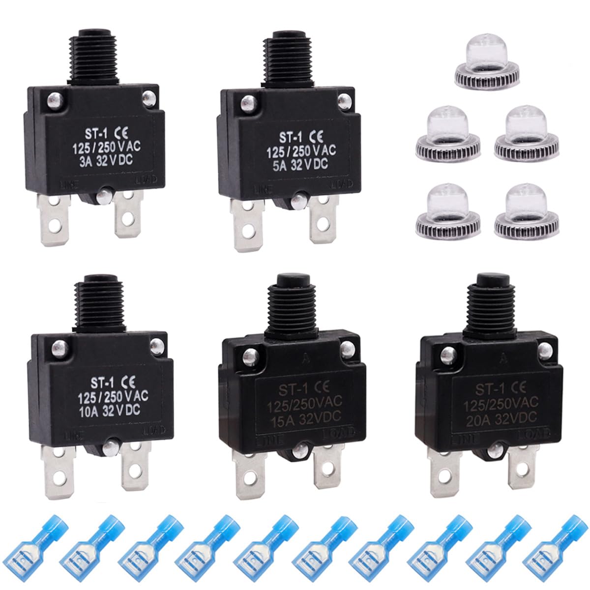 mxuteuk 5Pcs 3,5,10,15,20Amp Circuit Breakers Push Button Manual Reset 125/250V AC 32V DC,Overload Protector Switch Thermal Circ