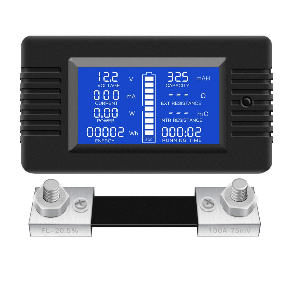 DC Multifunction Battery Monitor Meter,0-200V,0-100A (Widely Applied to 12V/24V/48V RV/Car Battery) LCD Display Digital Current 