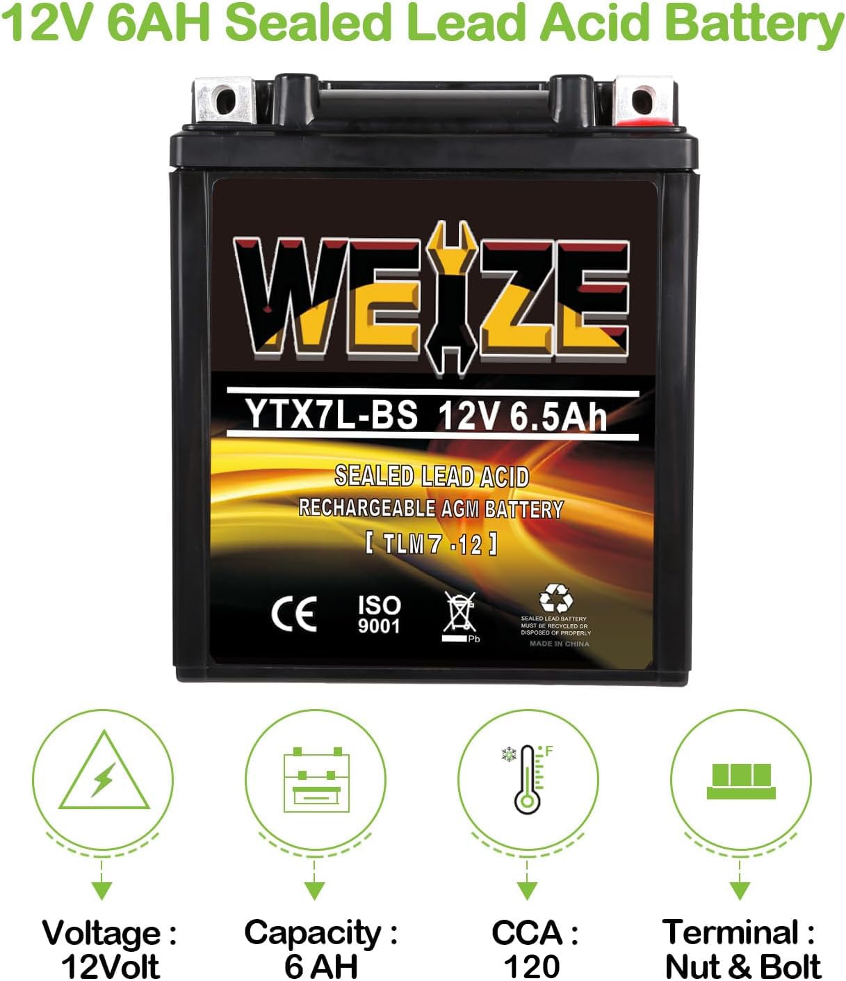 Weize Ytx7L Bs 100Cca Atv Battery High Performance - Maintenance Free - Sealed Agm Ytx7L-Bs Motorcycle Battery Compatible With H