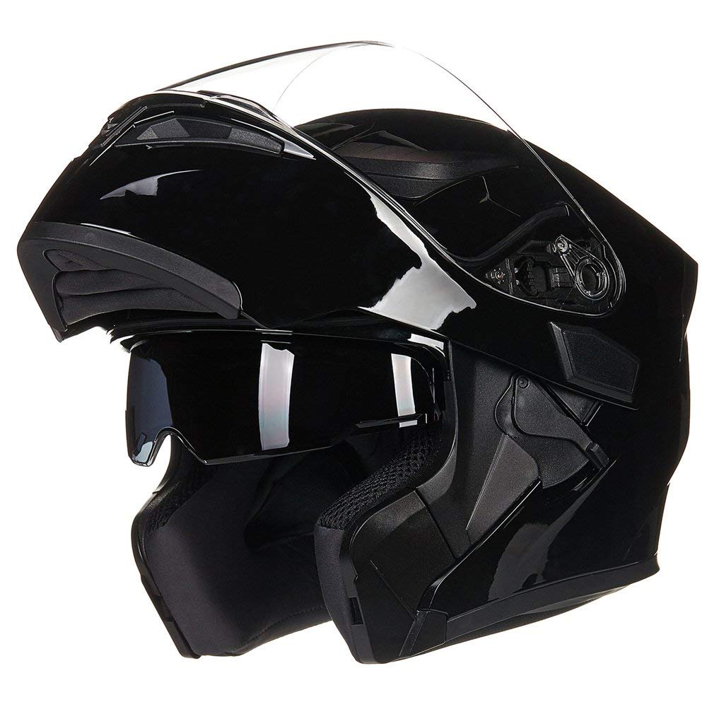Ilm Motorcycle Dual Visor Flip Up Modular Full Face Helmet Dot Led Light Model 902L (S, Gloss Black - Led)
