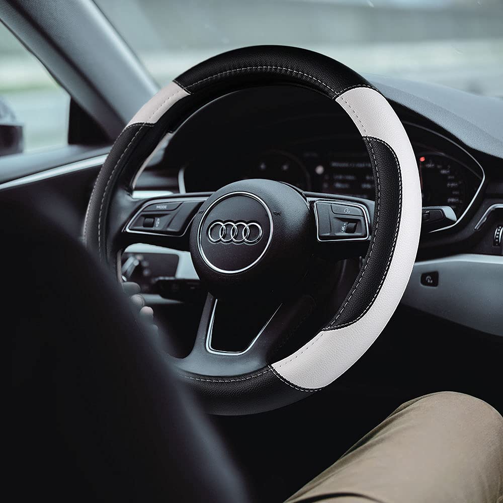 Leather Car Steering Wheel Cover, Non-Slip Car Wheel Cover Protector Breathable Microfiber Leather Universal Fit For Most Cars(W