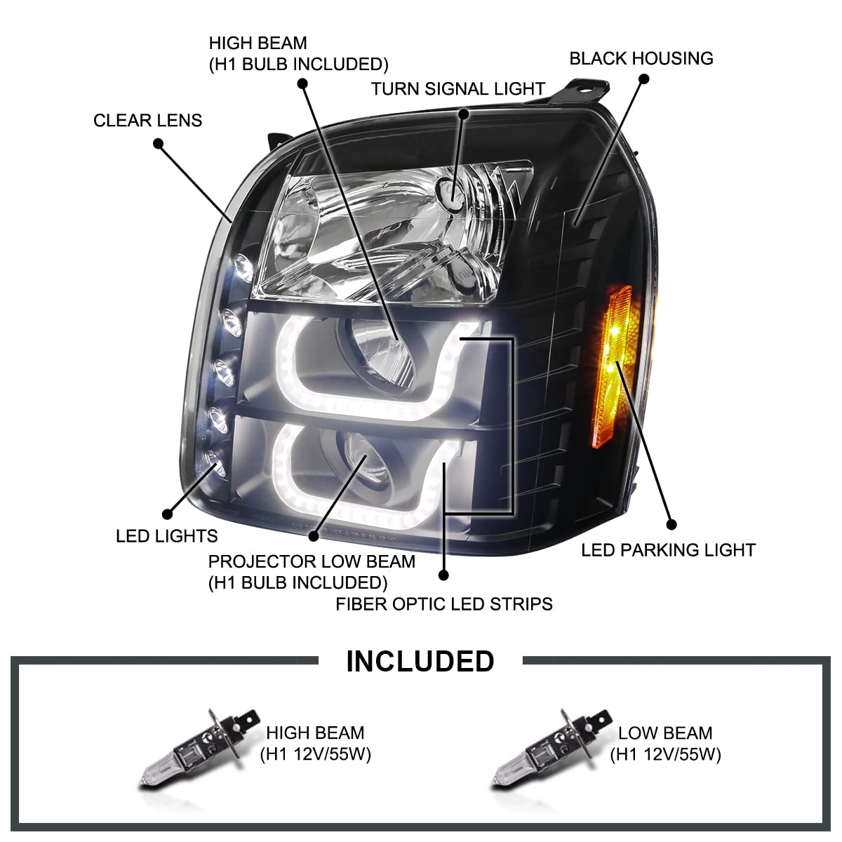 Spec-D Tuning Led Halo Projector Headlights Black Compatible With 2007-2014 Gmc Yukon, 2007-2014 Gmc Yukon Xl 1500 Gmc Yukon Xl 2500, Left + Right Pair Headlamps Assembly