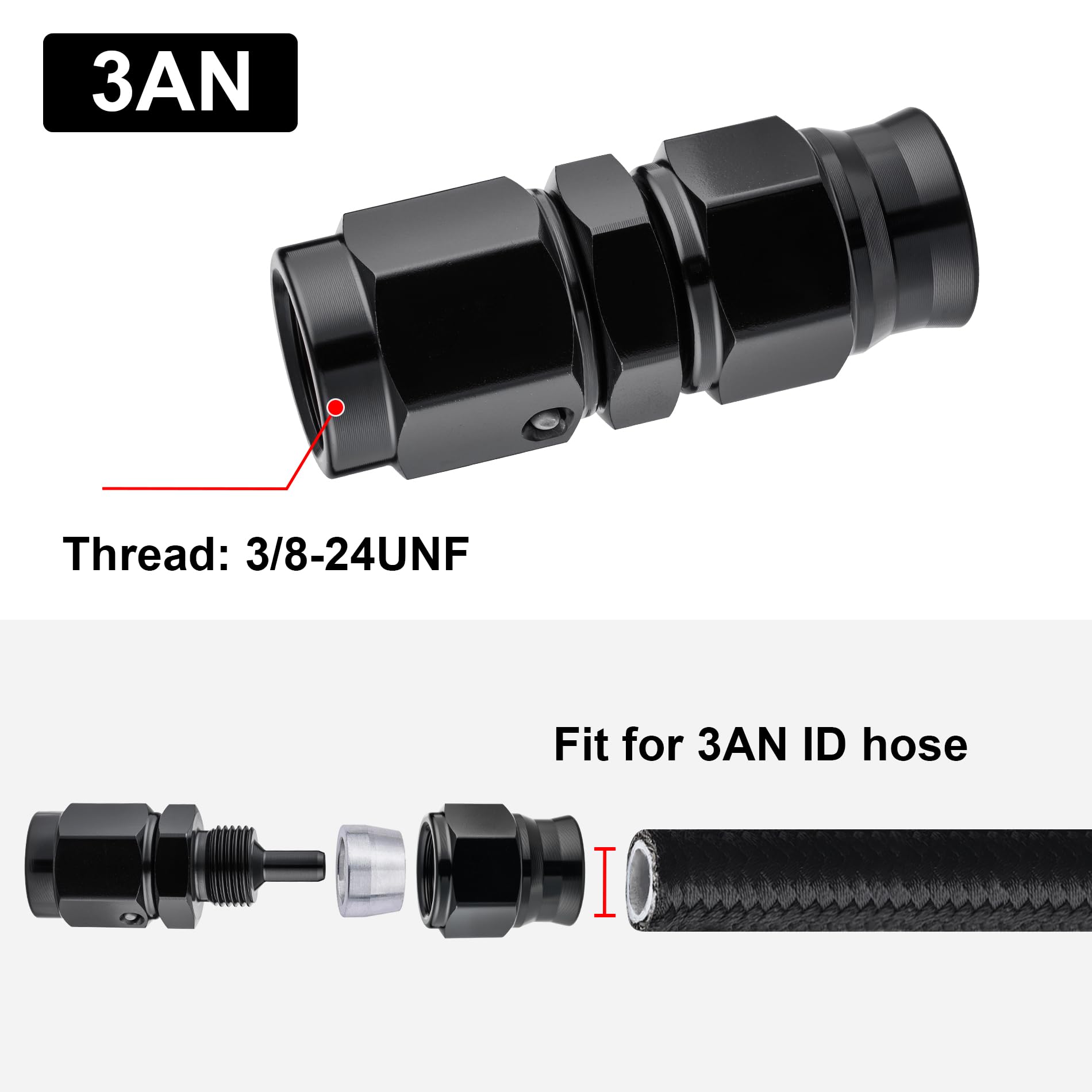Evil Energy 3An Ptfe Hose End Fitting Straight Black For Ptfe Hose Only 2Pcs