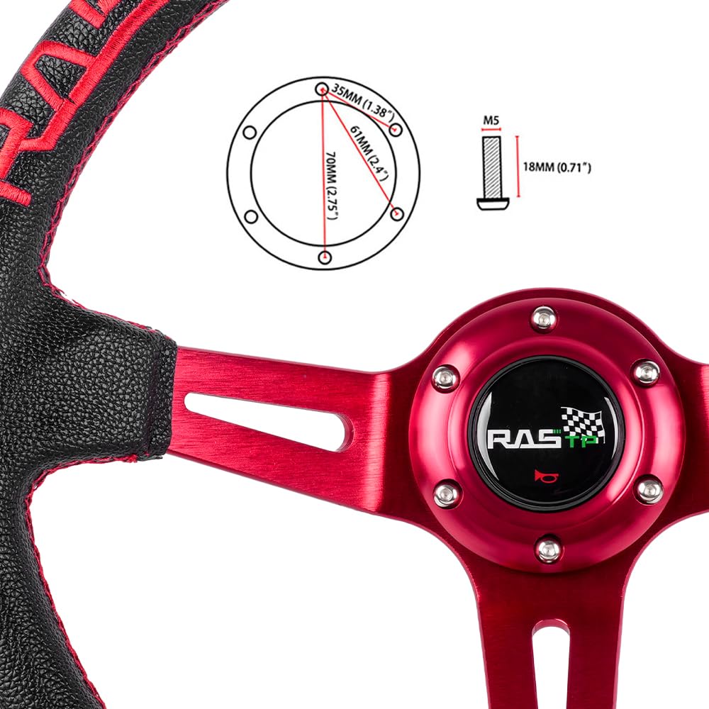 Rastp Universal Racing Steering Wheel,Deep Dish Steering Wheel Leather Embroidery 13.58”/345Mm 6 Bolts With Horn Button Include Cable, Wrench,Red