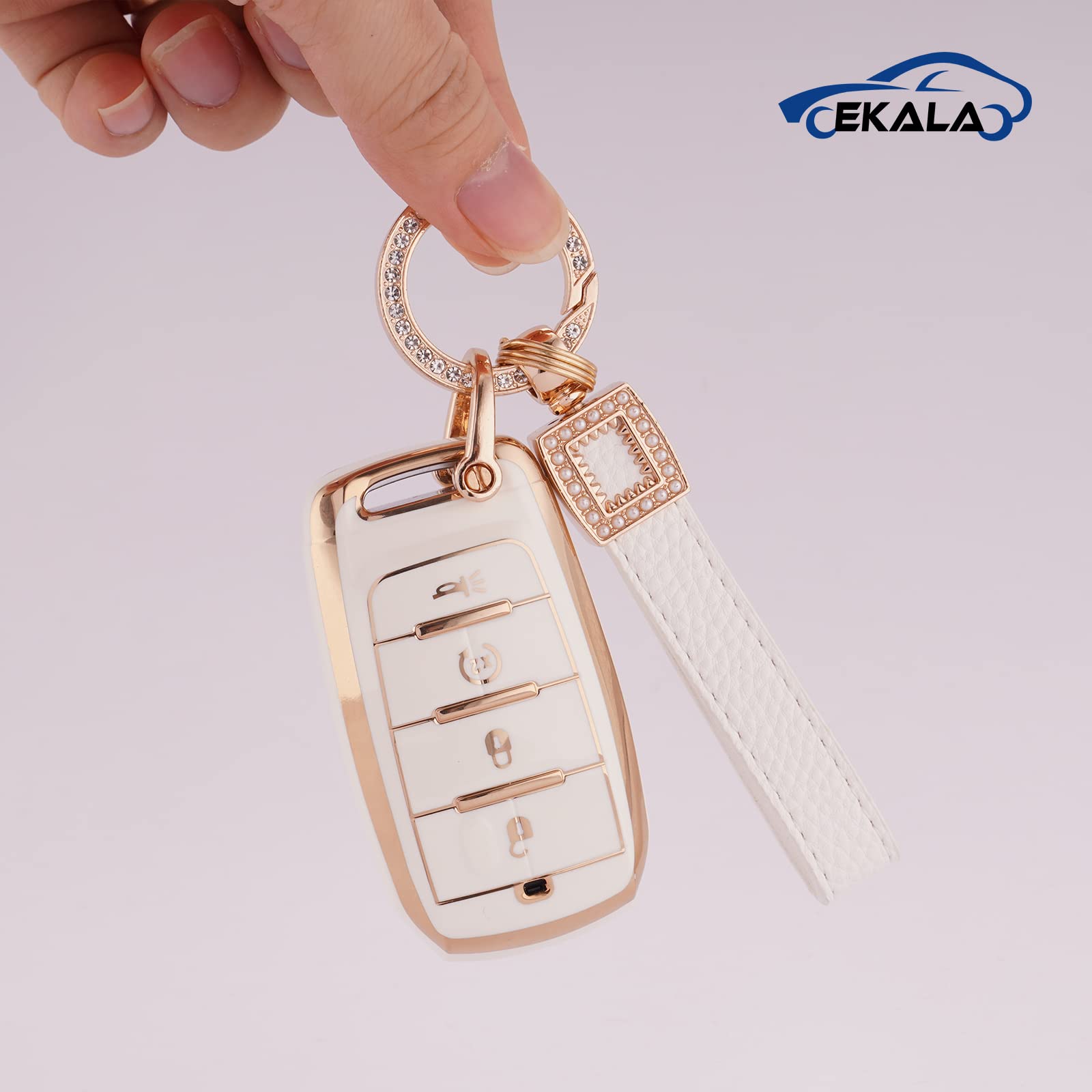 Ekala For Dodge Ram Key Fob Cover, 4 Buttons Soft Tpu Full Covers Protector Key Fob Holder With Leather Keychains Fit For 2019-2