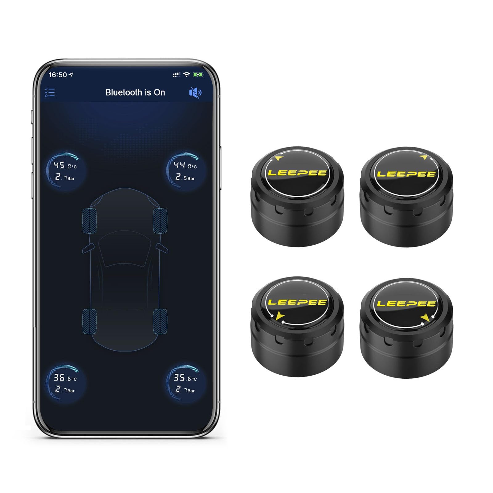 LEEPEE Tire Pressure Monitoring System, 5 Alarm Modes, with 4 External Sensors TPMS, Support iOS and Android, Real-time Displays
