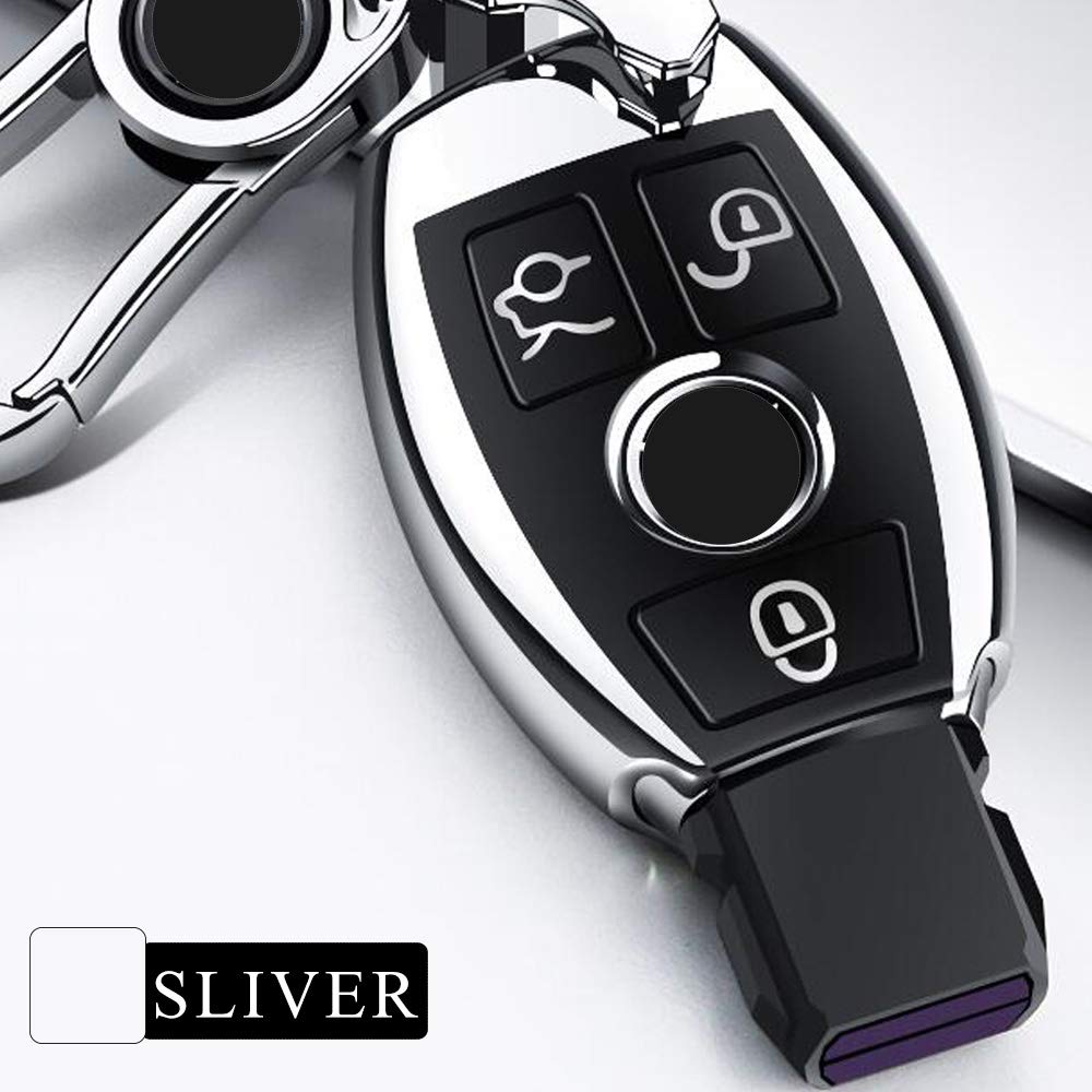 Qbuc For Mercedes Benz Key Fob Cover, Key Fob Case For Mercedes Benz C E M S Cls Clk Glk Glc G Class, Tpu Full Protection Key Fob Shell Compatible Keyless Smart Key Fob(Sliver)