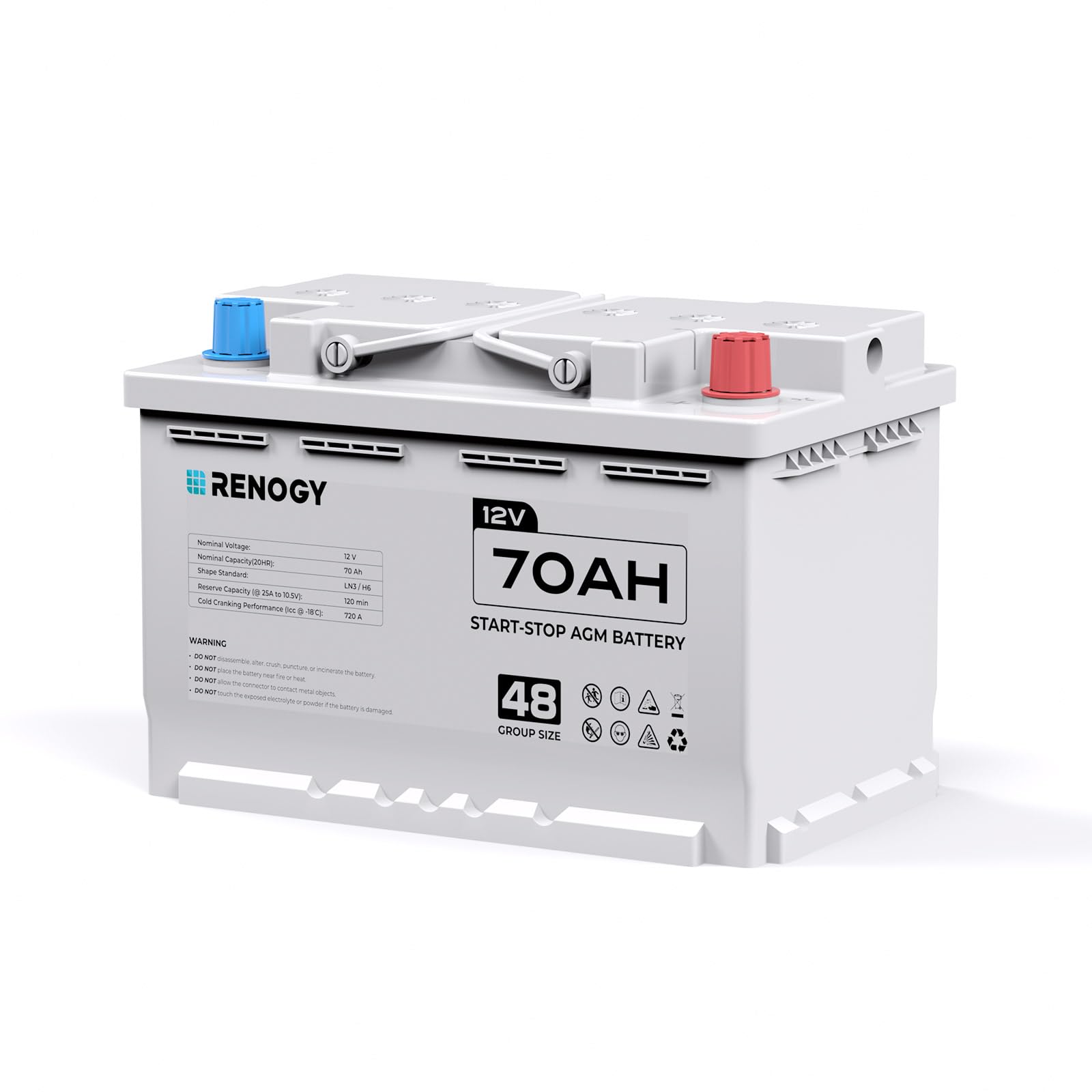 Renogy 12V 70Ah AGM Car Battery H6, Group 48 Start and Stop Automotive Battery with 720 CCA, 120RC, Reliable Power for Cars, SUV