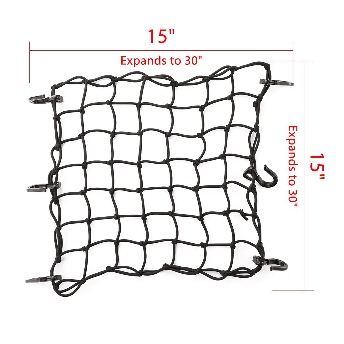 Czc Auto 15''X15'' Black Latex Bungee Cargo Net Stretch To 30''X30'' Gear Helmet Luggage Netting With 2''X2'' Small Mesh 6 Adjus