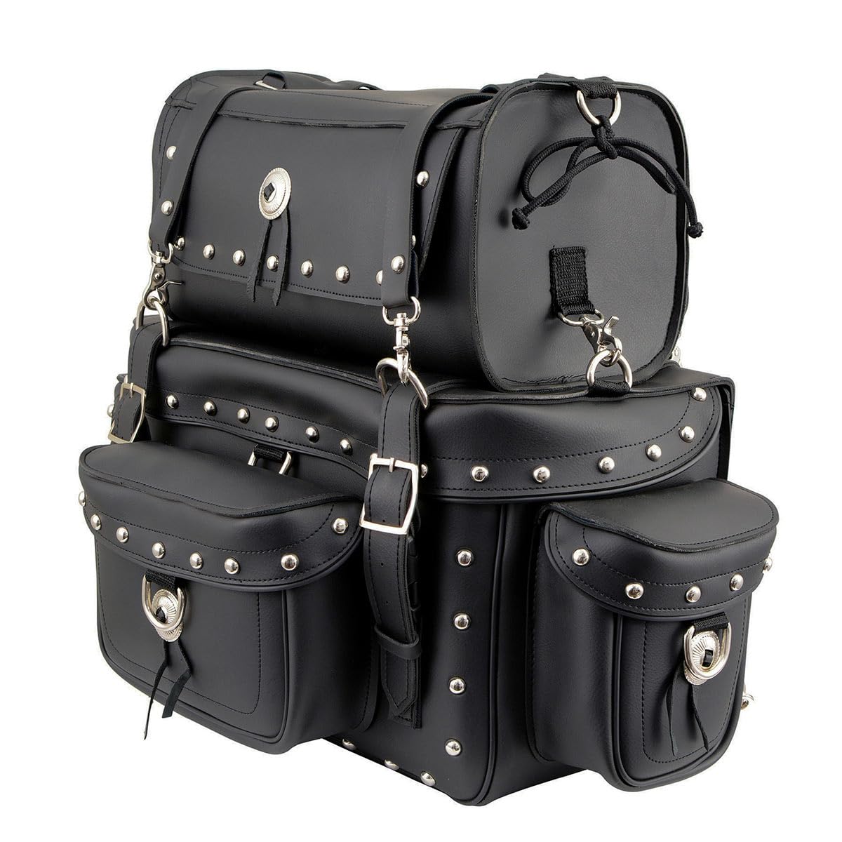 Milwaukee Leather MP8100S Large Black PVC 2-Piece Studded Motorcycle Touring Pack Sissy Bar Bag - One Size