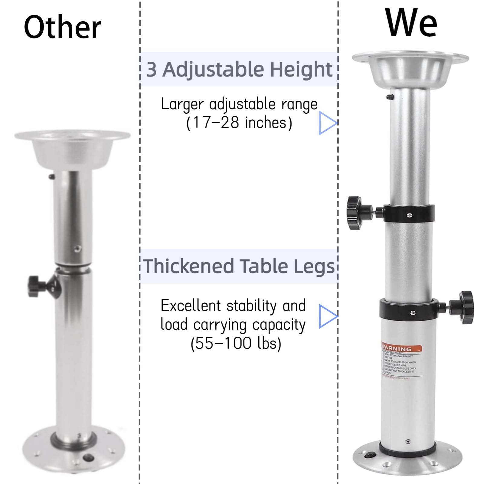 HWHongRV 3 Levels Adjustable RV Boat Table Pedestal, Detachable Aluminum Alloy RV Table Legs Stand Base Telescoping Mount Frame