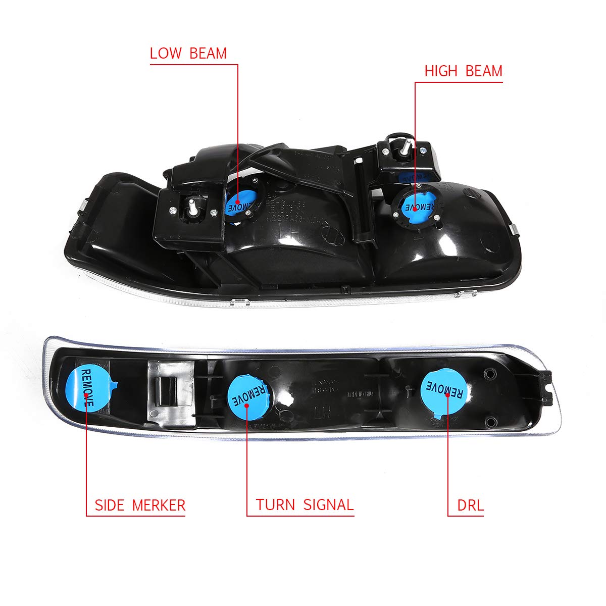 Dna Motoring Hl-Oh-Cs99-4P-Bk-Ab Black Amber Headlights Compatible With 99-02 Silverado 00-06 Suburban / Tahoe Bottom Bumper Lights Fit Oe Grill