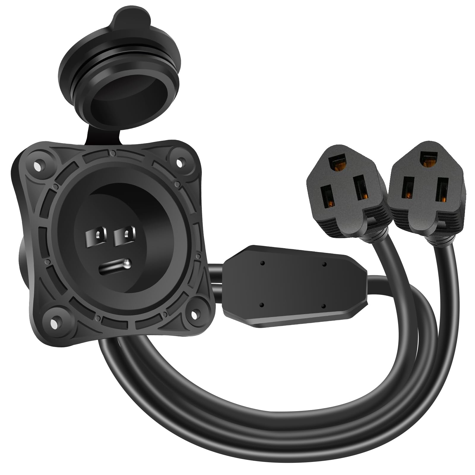 FMATOZ Dual Outlet RV Shore AC Power Inlet Port 15 Amp 125V NEMA5-15 Integrated Plug,24 Extension Cord Flanged Receptacle Waterp