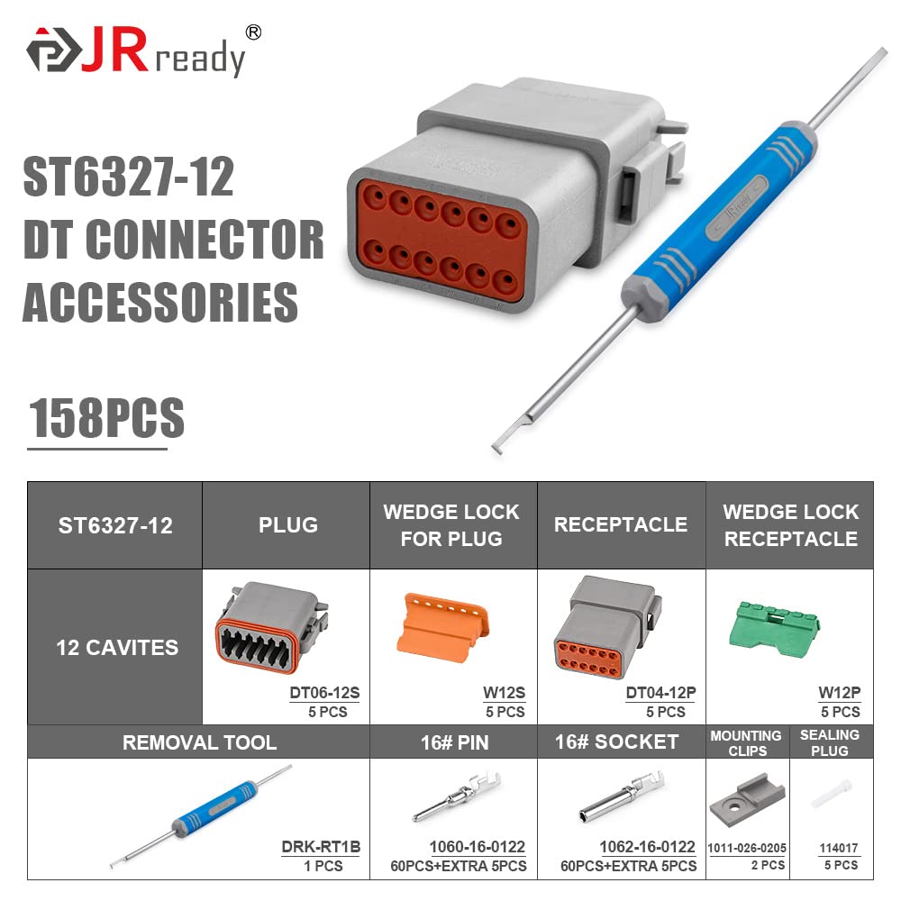 Jrready St6327-12 Deutsch 12 Pin Dt Connector Kit, Gray Waterproof Dt Connectors 12 Pin(5 Set), Size 16 Stamped Contacts For Tru