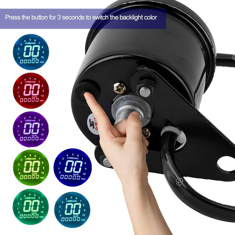 Acouto Motorcycle Speedometer 12V Universal Motorcycle Lcd Display Instrument Digital Speedometer Odometer Tachometer Meter Gauge Black Plating