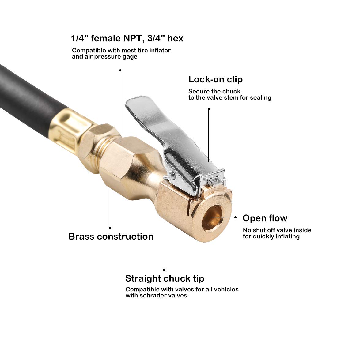 Czc Auto Heavy Duty Brass Air Chuck, Open Flow Straight Tire Chuck With Lock-On Clip, 1/4 Fnpt Tyre Chuck For Tire Inflator Pressure Gauge Air Pump Compressor Accessories, 2 Pack