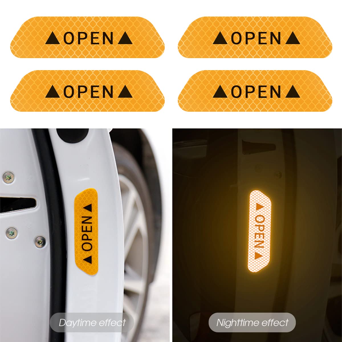 4Pcs Reflective Open Warning Stickers For Car Door, Night Visibility Auto Safety Prompt Decals, 3.6 Inch Anti-Collision Protective Strip Tape, Car Accessories Universal For Truck, Suv, Van (Yellow)