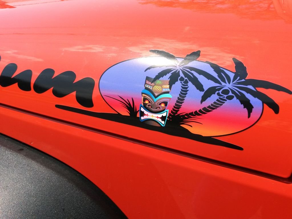 Beach Bum Decals With Tiki & Palm Tree - 2Pc Hood Decal Set - Made For: Wrangler Islander Sport Yj Tj Jk Jku X - Car Truck 4X4 Decals Stickers