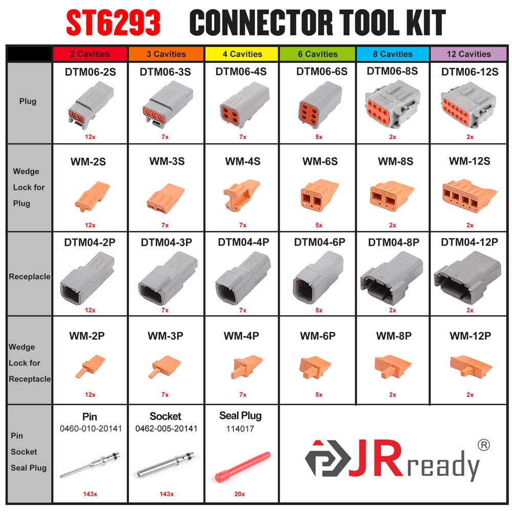 Jrready St6293 Deutsch Connector Kit Dtm 2 3 4 6 8 And 12 Pin Automotive Electrical Connectors With Size 20 Solid Contacts Crimp