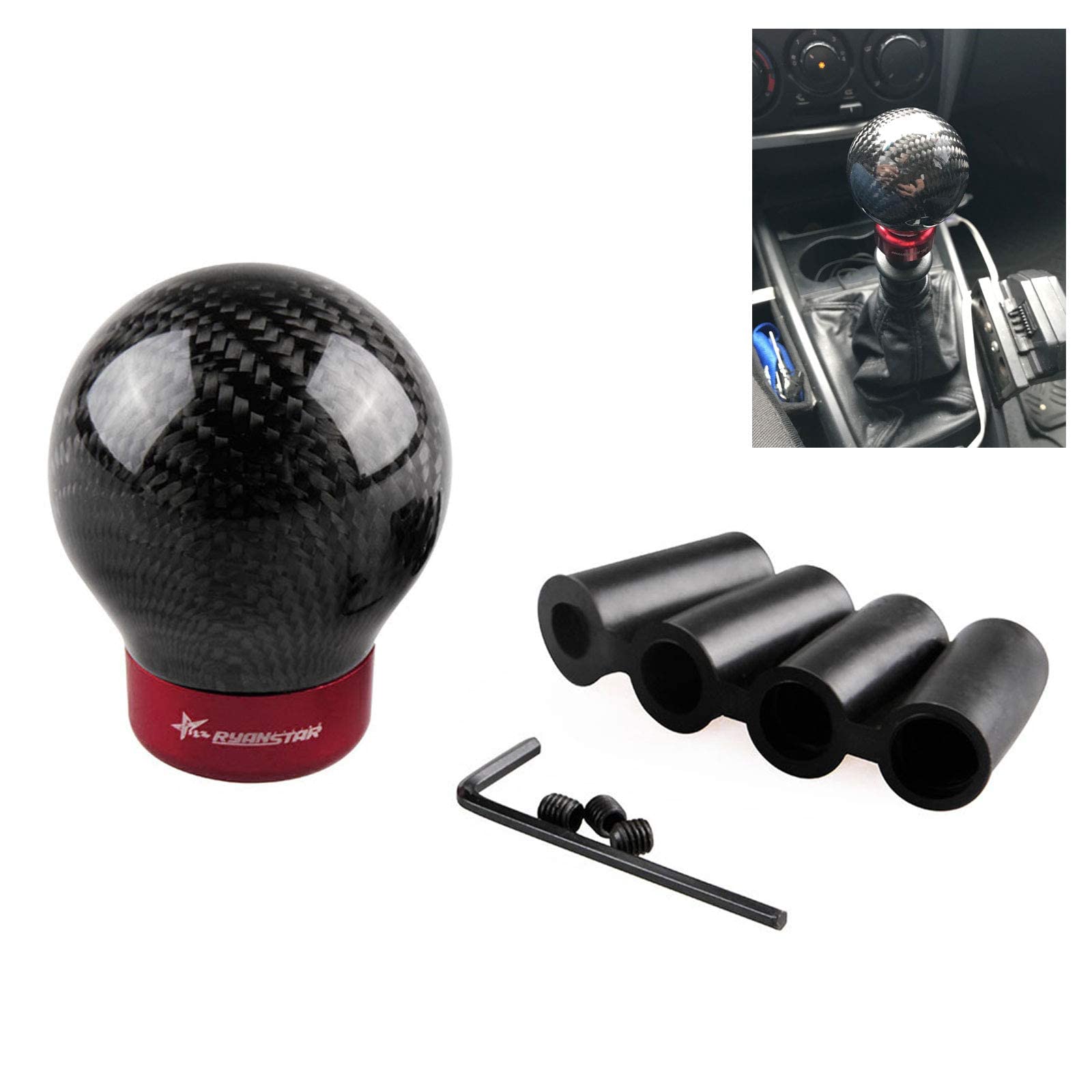 Ryanstar Carbon Fiber Shift Knob Round Ball Racing Gear Shift Shifter Knob, Head Manual Car With 8Mm/10Mm/11Mm Adapter