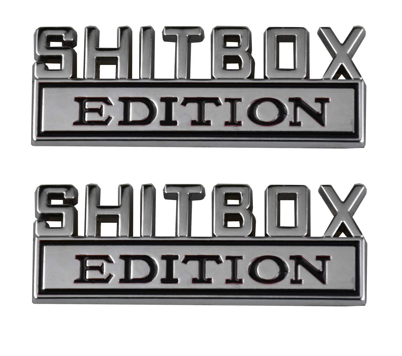 2Pcs Metal Shitbox Edition Car Emblem Badge 3D Sticker Decal Compatible With F-150 F250 F350 Silverado 1500 2500 3500 (Chrome)