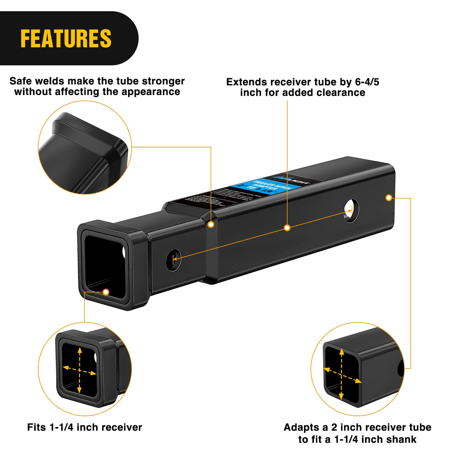 Nilight Trailer Hitch Receiver Extender Adapter Reducer 2 To 1-1/4 Inch Hitch Adapter 6-4/5 Inch Extension Sleeve Convertor 350L
