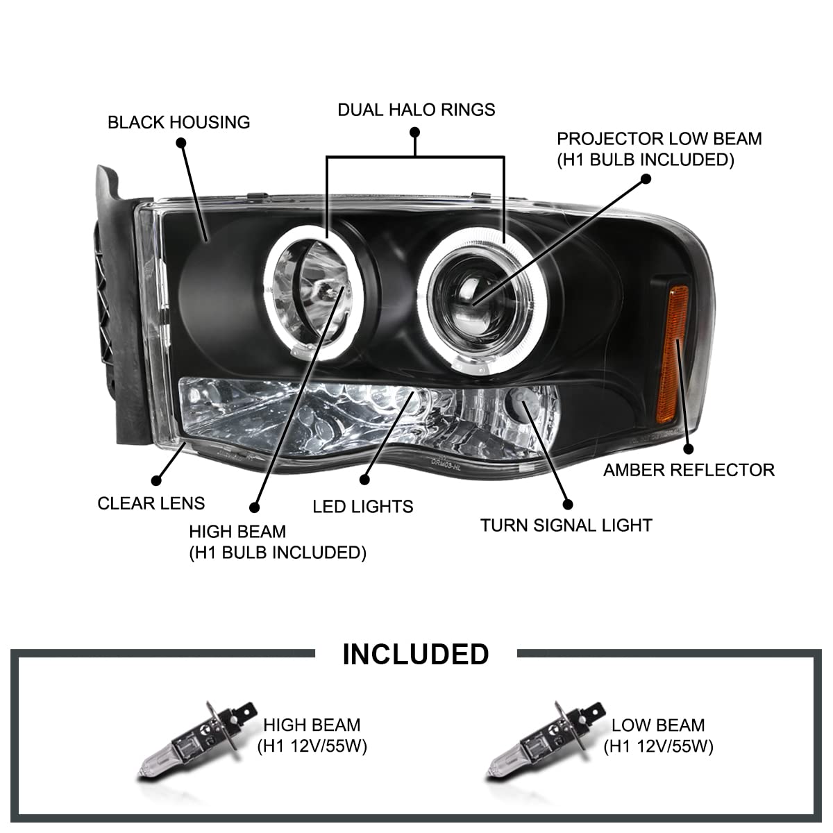 Spec-D Tuning Black Dual Led Halo Projector Headlights Compatible With 2002-2005 Dodge Ram 1500, 2003-2005 Dodge Ram 2500/3500,