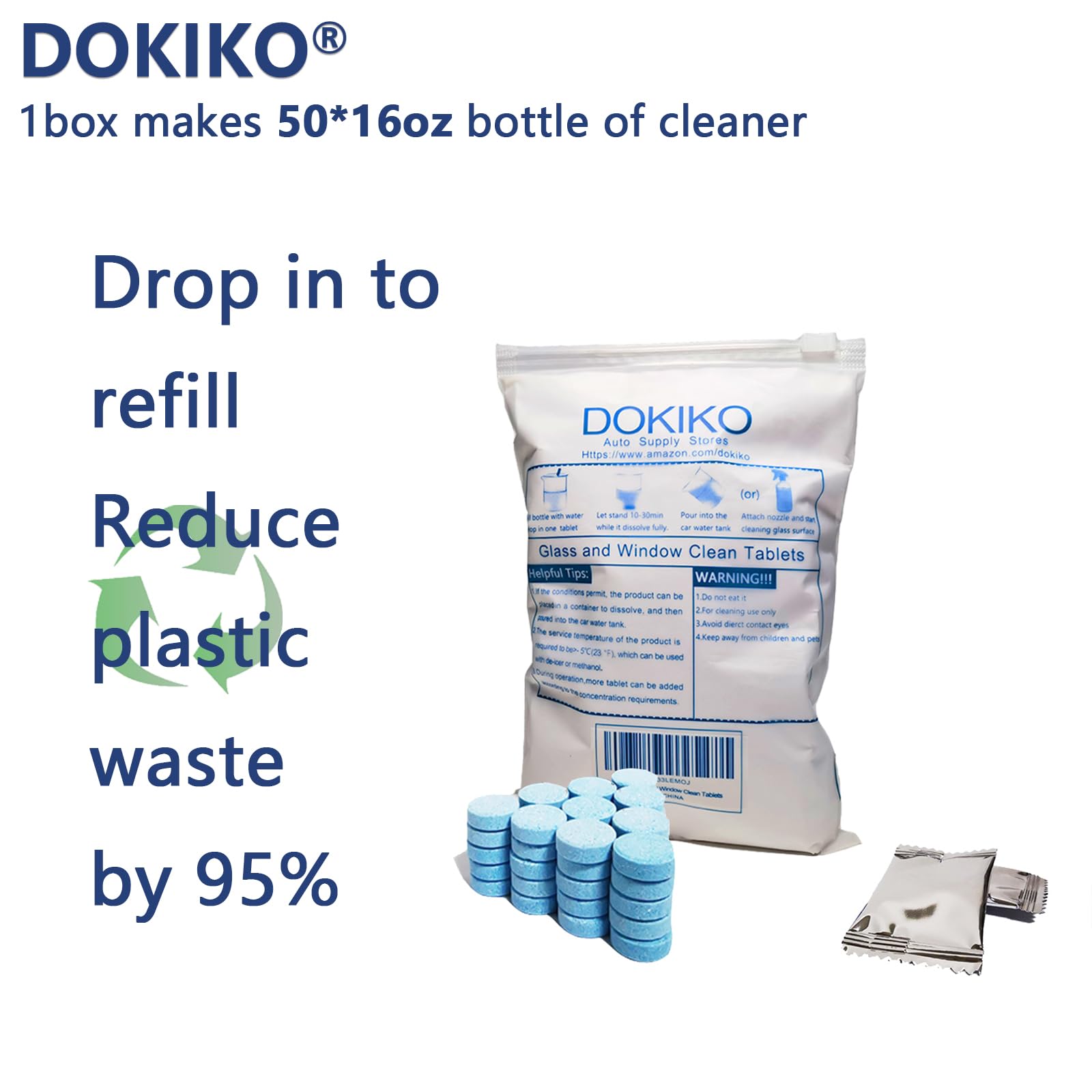 Dokiko 50 Pcs Glass Cleaner Tablets For Home,Dissolve Concentrated Tablets, Glass Cleaner, 50 Concentrated Dissolvable Refill Ta