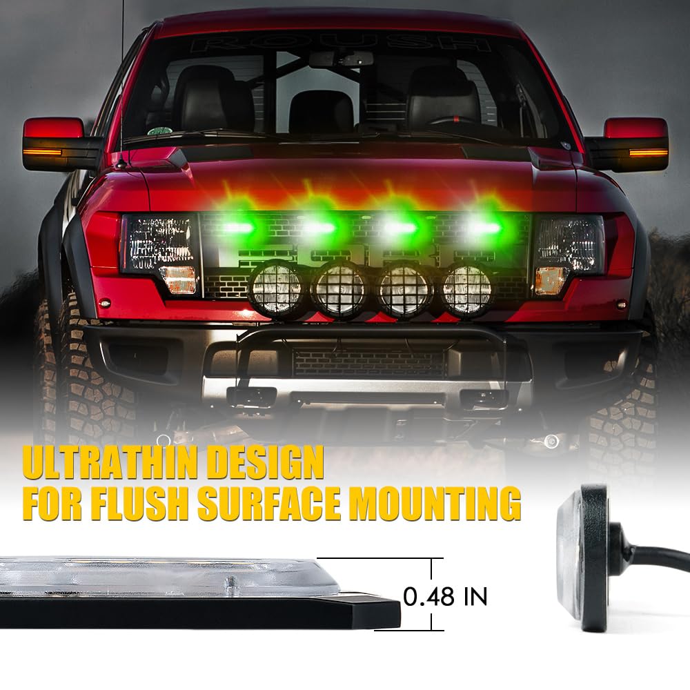 Xprite White Green Led Surface Mount Strobe Lights Kit, W/Control Panel Emergency Safety Warning Flashing Grille Cop Marker Ligh