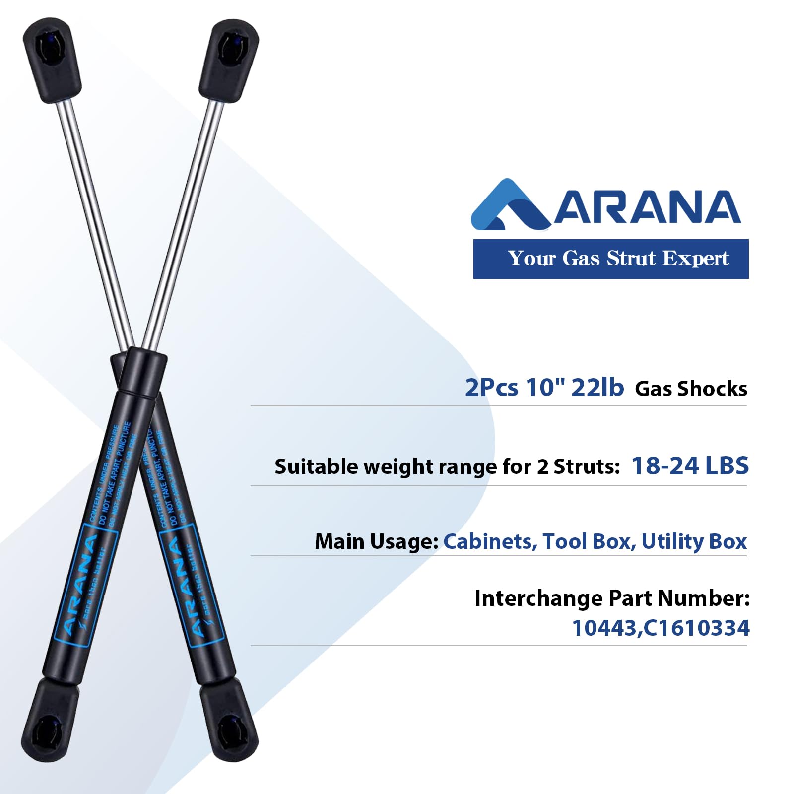ARANA C1610334 10 inch Gas Struts Spring Shocks 22lb/98N for Cabinets Tool Box Utility Box Toy Box Lids, 10443 Set of 2 (9.84 ''