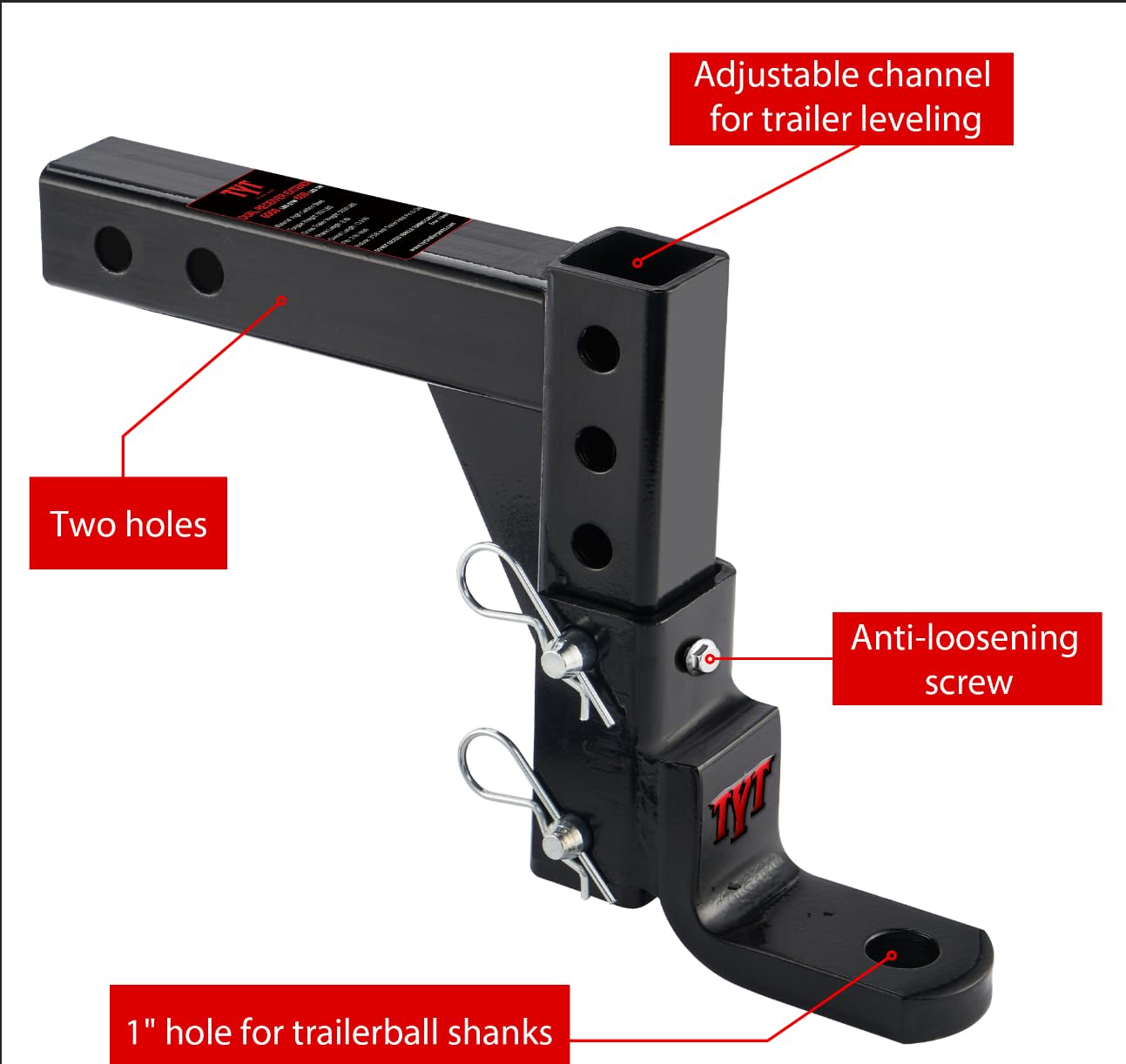 Tyt Adjustable Trailer Hitch Ball Mount, 6-Position Tow Hitch, Fits 2-Inch Receiver, With 1'' Hitch Ball Hole, 9-1/2'' Drop & 8-