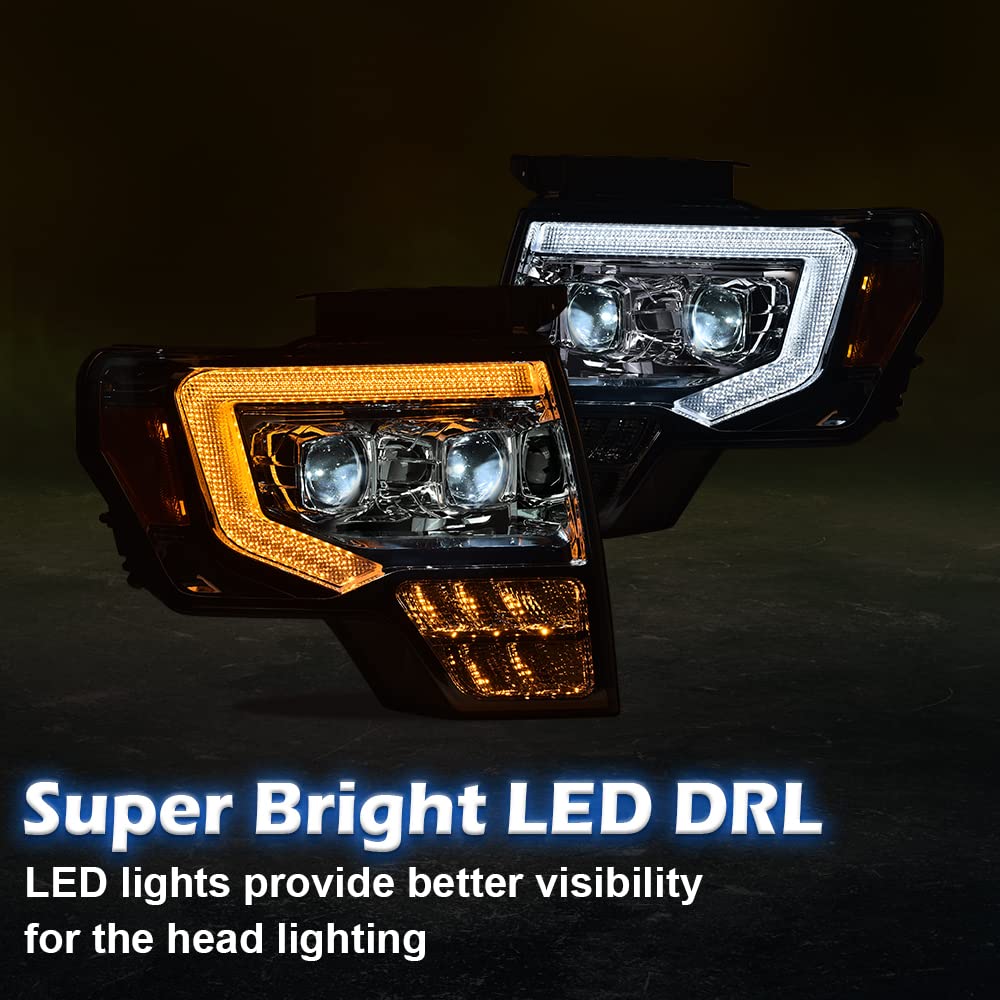 Pit66 Headlight Headlamp Assembly Compatible With Ford F150 2009 2010 2012 2013 2014 (Smoky Lens Clear Housing Amber Reflector,