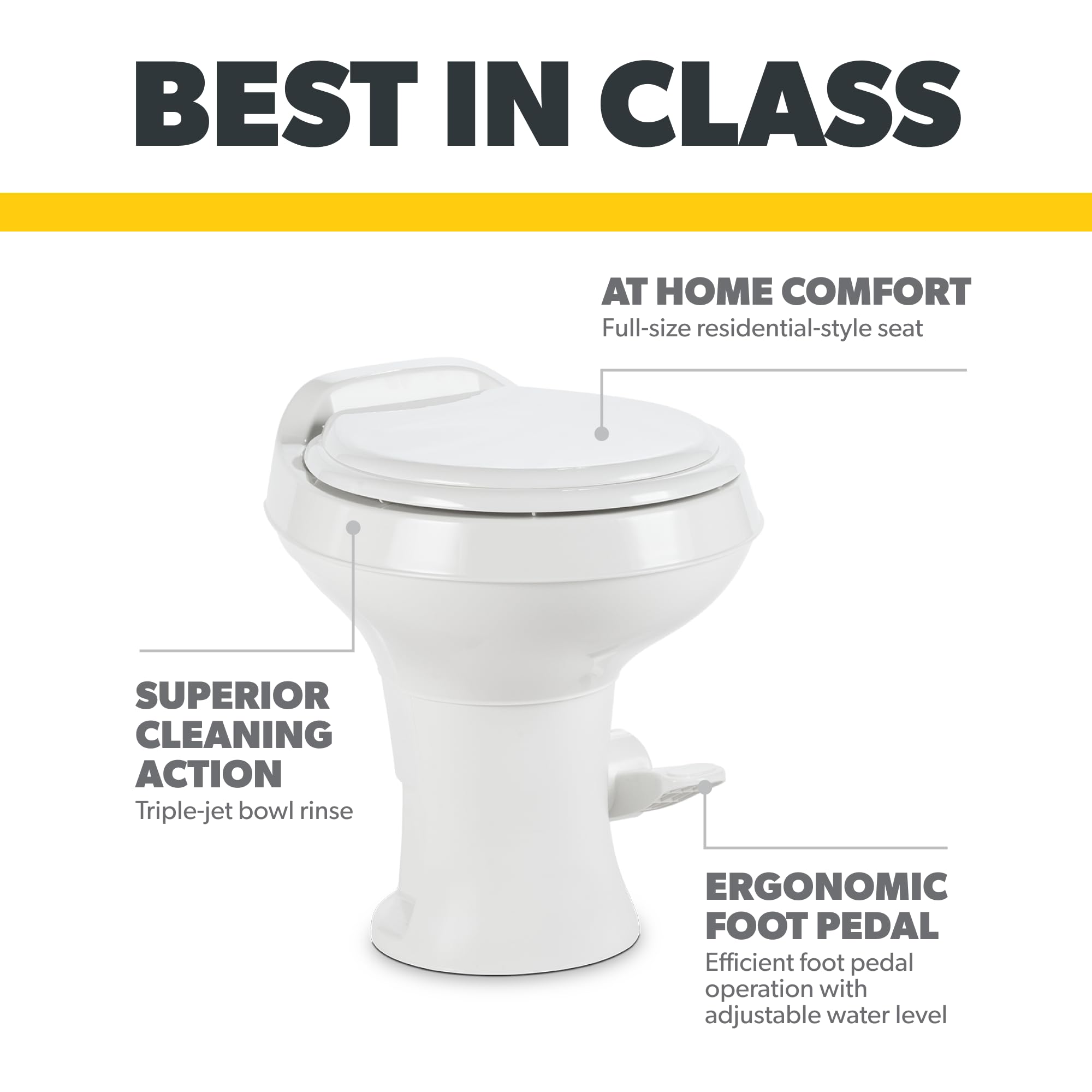 Dometic 300 Series Gravity-Flush RV Toilet | Powerful Triple-Jet Action Flush with Adjustable Water Level | Standard Height Flus