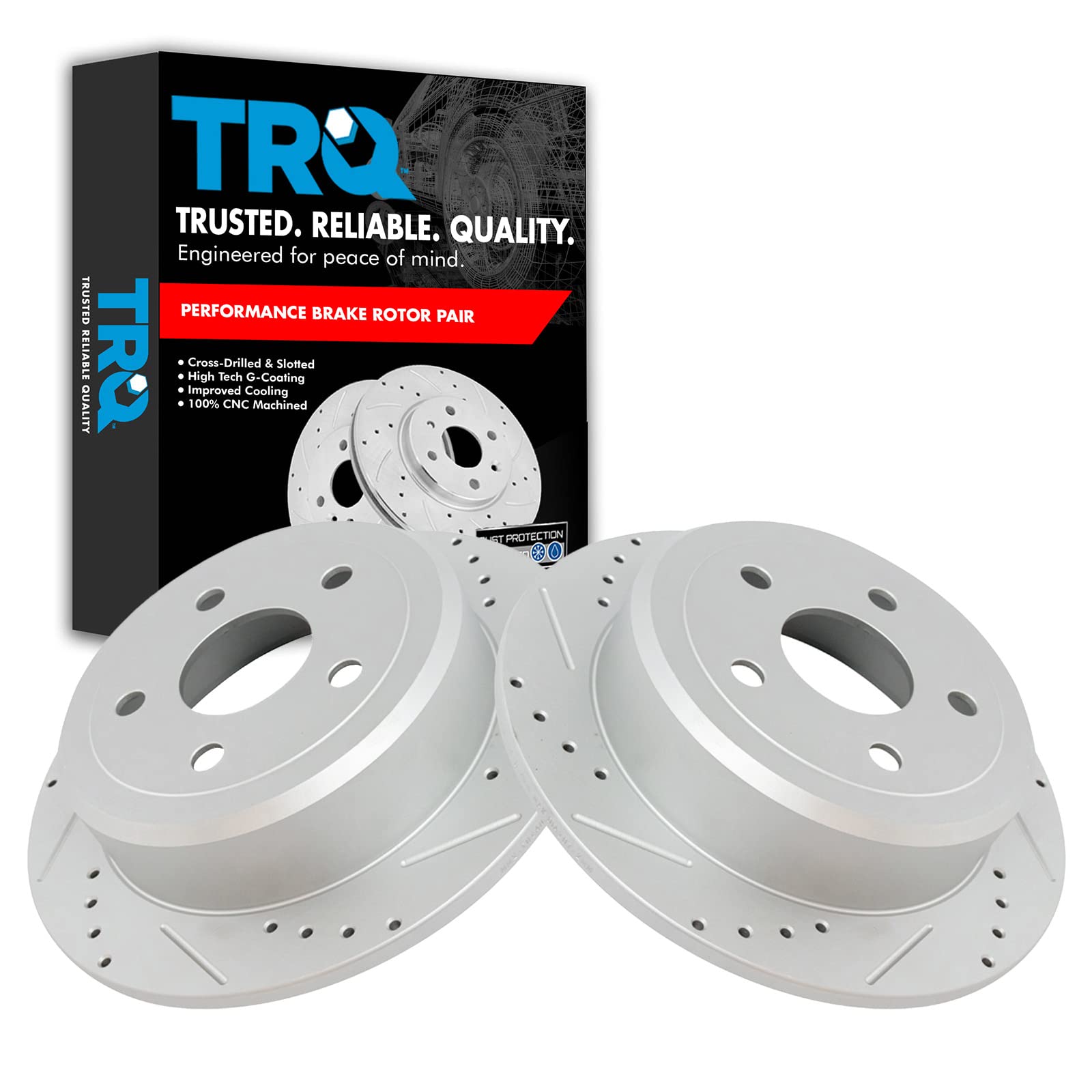 Trq Rear Performance Brake Rotors Set Solid Premium G-Coated Cross Drilled & Slotted Compatible With 2007-2017 Jeep Wrangler 201