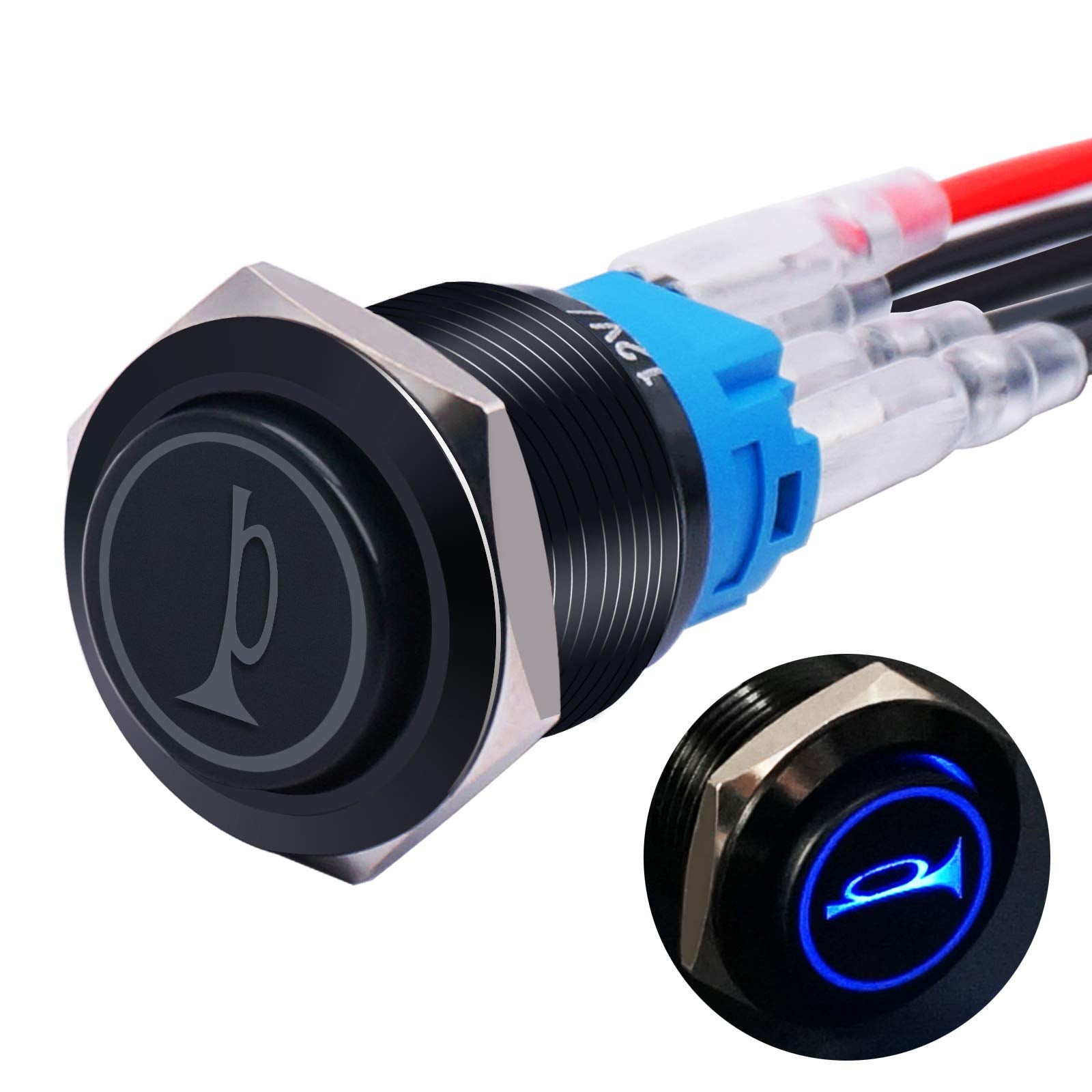Twidec/16MM Raised Speaker Horn Momentary Push Button Switch 5/8'' Mounting Hole 12V Blue Led Light Black Stainless Steel Shell 