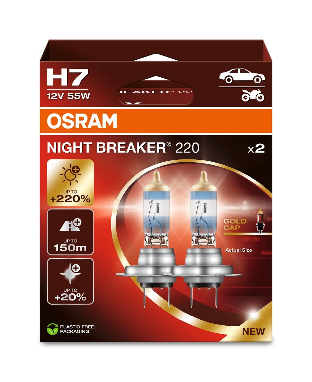 Osram Night Breaker 220, H7, 220% Brighter Halogen Headlight Lamp, 64210Nb220-2Hb, Folding Box (2 Lamps)