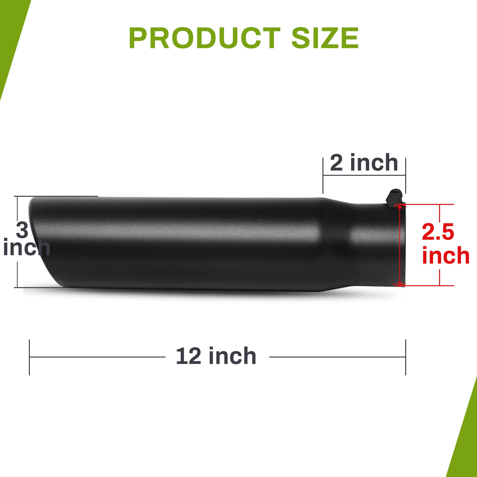 AUTOSAVER88 2.5 Inch Exhaust Tip, 2.5' Inlet 3' Outlet 12' Overall Length Stainless Steel Exhaust Tail Tip, Fits 2 1/2 Inch Outside Diameter Tailpipe, Rolled Angle Cut, Black Powder Coated, Bolt On