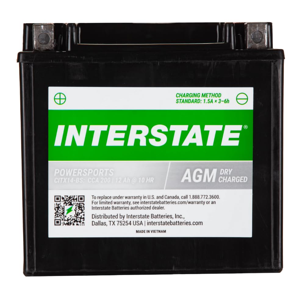 Interstate Batteries Ytx14-Bs 12V 12Ah Powersports Battery 200Cca Agm Rechargeable Replacement For Motorcycles, Atvs, Utvs, Scoo