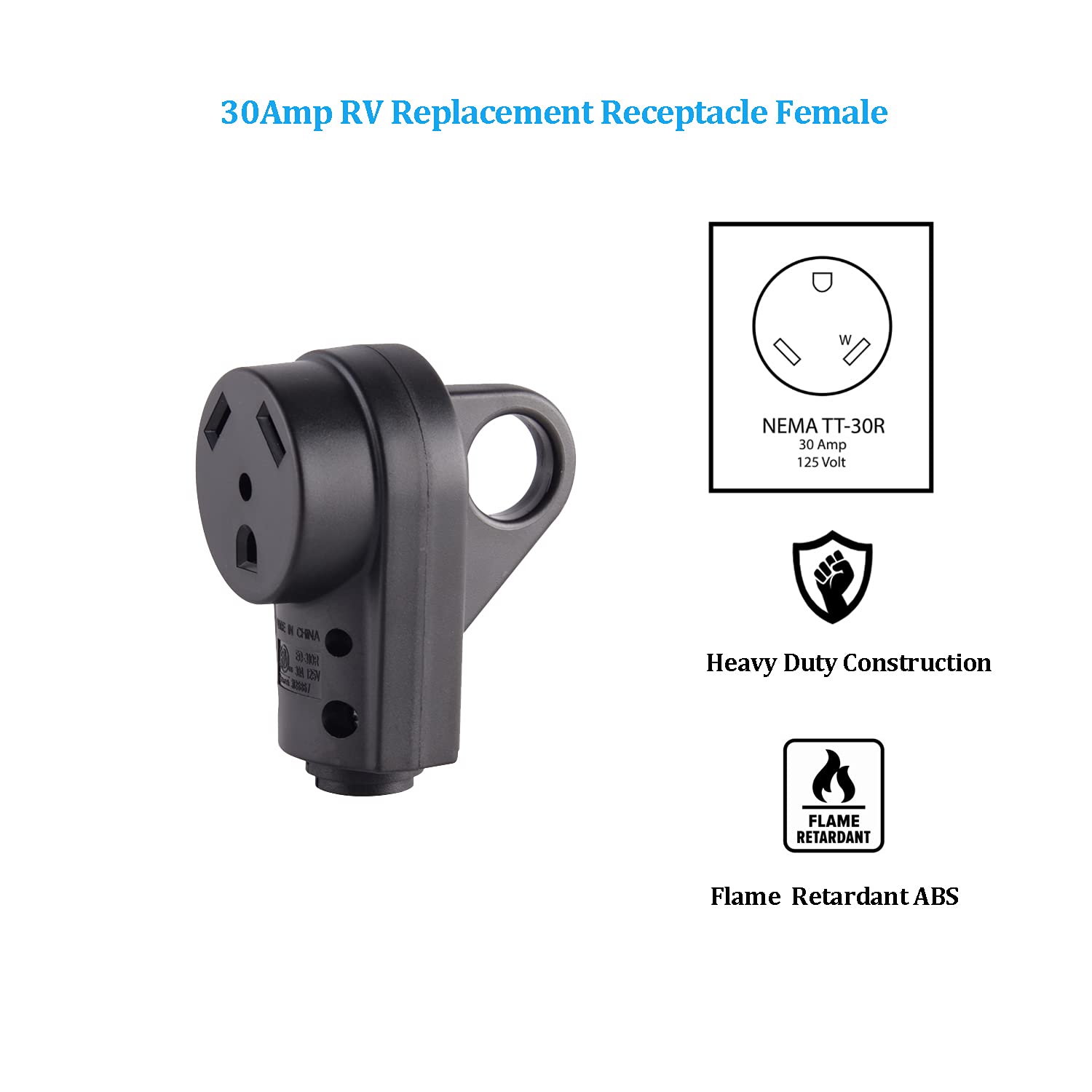 Veepeak 30 Amp Rv Receptacle Female Replacement Plug Tt-30R Heavy Duty 125V 30A Rated 3 Prong Electrical Power Connector Extension Cord End With Easy To Grip Handle