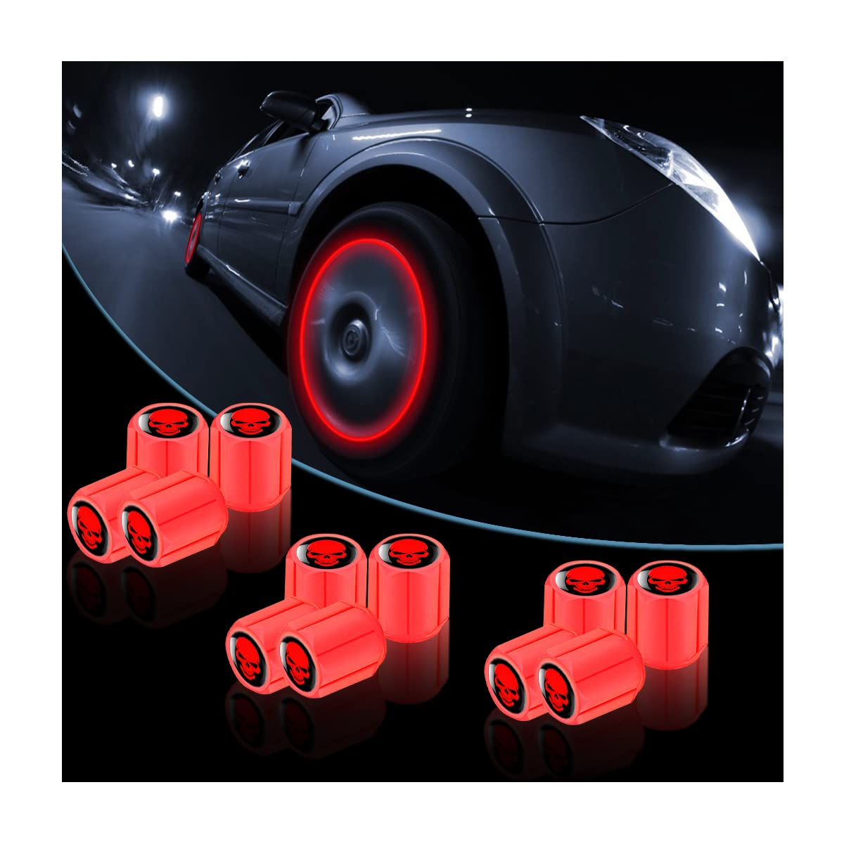 12Pcs Fluorescent Skull Tire Valve Stem Caps, Car Corrosion Resistant Wheel Valve Cover, Luminous Illuminated Skull Glow In The Dark, Auto Decor Accessories For Motorcycles, Suv, Car (Red)